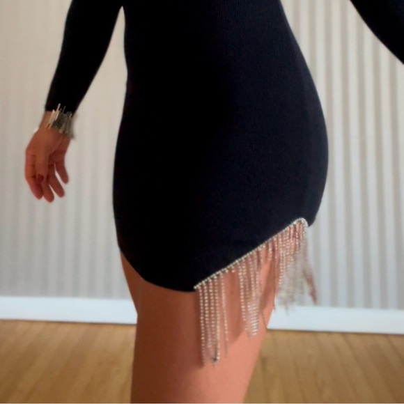 Black Backless Bodycon Mini Dress with Silver Rhinestone Fringe - Picture 3 of 5